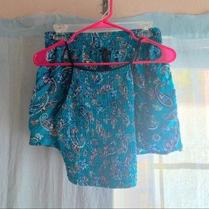 Teal crop top and high waisted shorts set